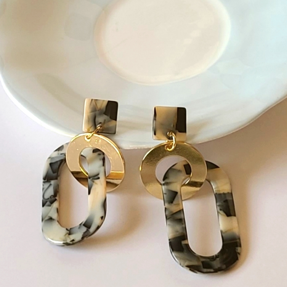 Tortoise Resin Dangle Earrings Fashion Jewelry Gold Tone Link